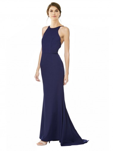 Mermaid High Neck Stretch Crepe Long Navy Blue Formal Evening Gown / Prom Dress / Bridesmaid Dress Belfast