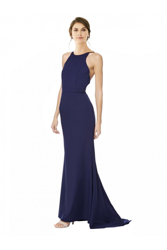 Mermaid High Neck Stretch Crepe Long Navy Blue Formal Evening Gown / Prom Dress / Bridesmaid Dress Belfast