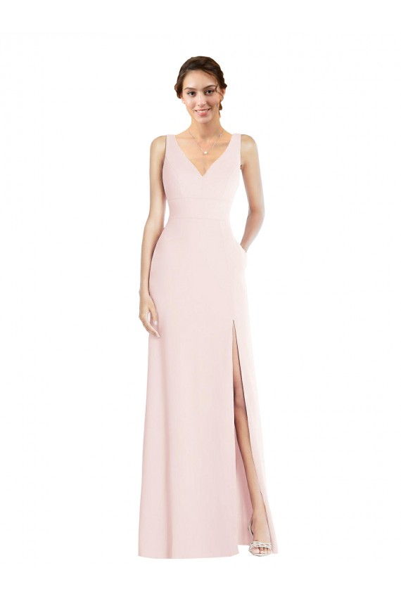 A-Line V-Neck Stretch Crepe Long Pink Black Tie Evening Gown / Prom Dress / Bridesmaid Dress Belfast