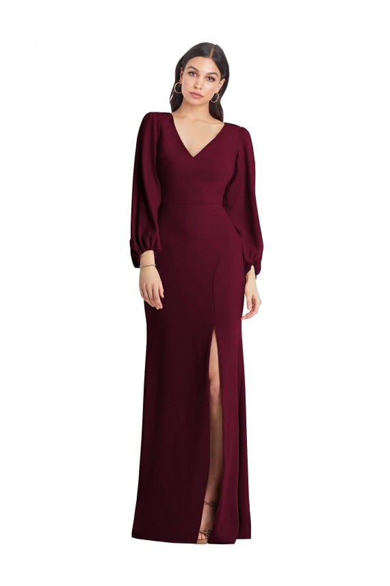 Trumpet V-Neck Stretch Crepe Long Burgundy Gold Semi Formal Evening Dress / Prom Dress / Bridesmaid Dress Belfast