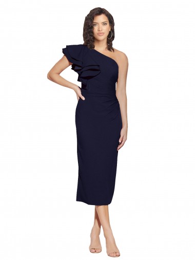 Sheath One Shoulder Stretch Crepe Midi Length Dark Navy Formal Evening Gown / Prom Dress / Bridesmaid Dress Belfast