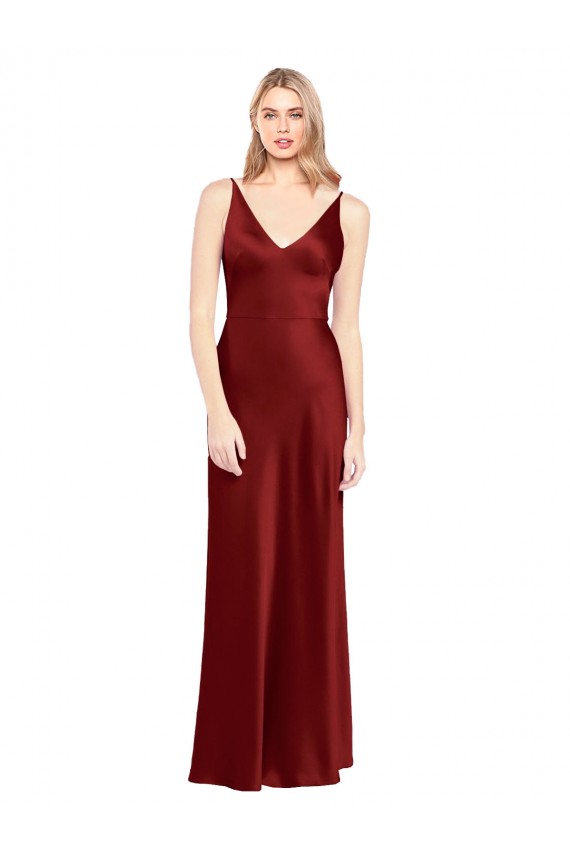 A-Line V-Neck Stretch Satin Long Burgundy Formal Evening Gown / Prom Dress / Bridesmaid Dress Belfast