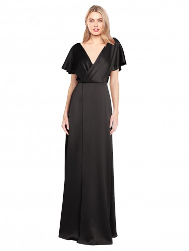 A-Line V-Neck Stretch Satin Long Black Bridesmaid Dress / Evening Dress Belfast