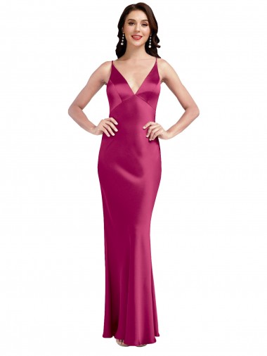 A-Line V-Neck Stretch Satin Long Fuchsia Formal Evening Gown / Prom Dress / Bridesmaid Dress Belfast
