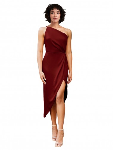 Sheath One Shoulder Stretch Satin Midi Length Burgundy Black Tie Evening Gown / Prom Dress / Bridesmaid Dress Belfast