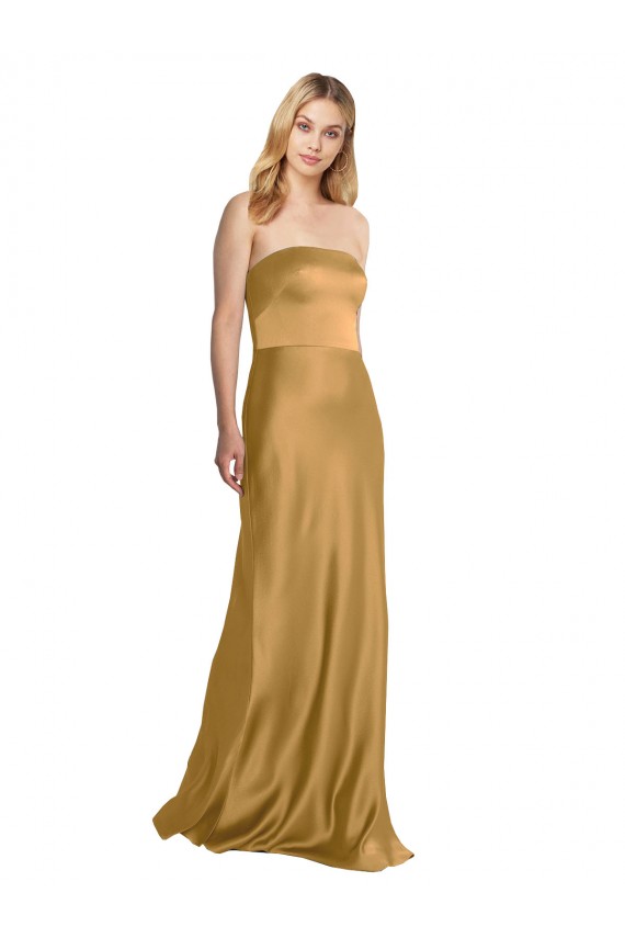 A-Line Strapless Stretch Satin Long Gold Formal Evening Gown / Prom Dress / Bridesmaid Dress Belfast