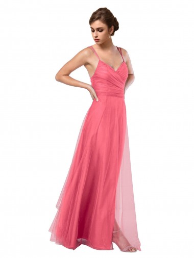 A-Line Spaghetti Straps Tulle Long Watermelon Bridesmaid Dress Belfast