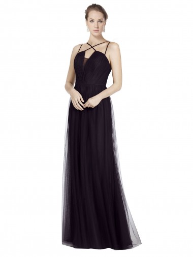 A-Line High Neck Tulle Long Black Bridesmaid Dress Belfast
