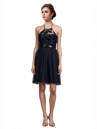 A-Line Halter Neck Tulle Knee Length Black Bridesmaid Dress Belfast