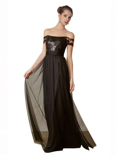 A-Line Off the Shoulder Tulle & Sequin Long Black Bridesmaid Dress Belfast