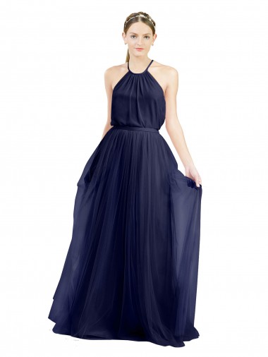A-Line High Neck Tulle Long Navy Blue Semi Formal Evening Dress / Bridesmaid Dress Belfast