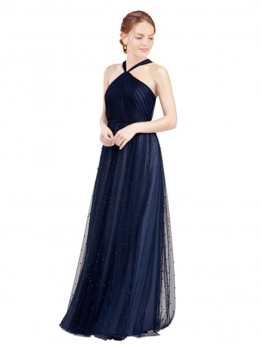 A-Line Halter Neck Tulle Long Navy Blue Bridesmaid Dress / Evening Dress Belfast