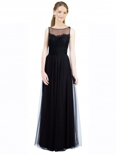 A-Line Illusion Neck Tulle & Lace Long Black Bridesmaid Dress Belfast