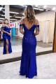 Sheath V-Neck Velvet Sequins Long Royal Blue Velvet Sequin Prom Dress / Evening Dress Belfast