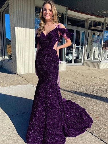 Sheath V-Neck Velvet Sequins Court Train Plum Purple Velvet Sequin Prom Dress / Evening Dress Belfast