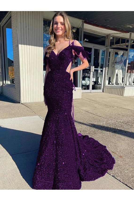 Sheath V-Neck Velvet Sequins Court Train Plum Purple Velvet Sequin Prom Dress / Evening Dress Belfast