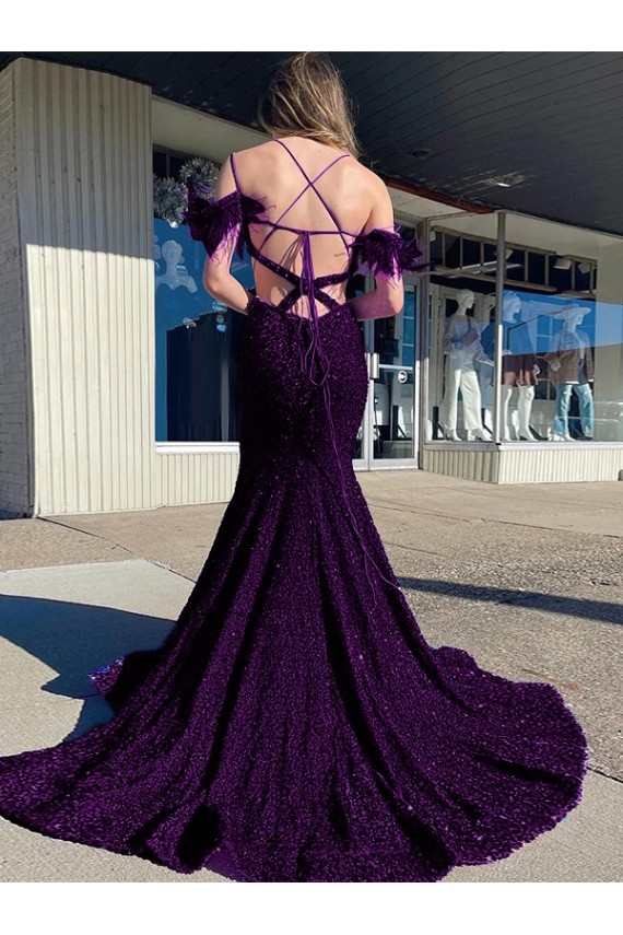 Sheath V-Neck Velvet Sequins Court Train Plum Purple Velvet Sequin Prom Dress / Evening Dress Belfast