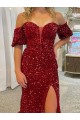 Sheath Off the Shoulder Velvet Sequins Court Train Red Velvet Sequin Prom Dress / Evening Dress Belfast