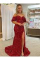 Sheath Off the Shoulder Velvet Sequins Court Train Red Velvet Sequin Prom Dress / Evening Dress Belfast