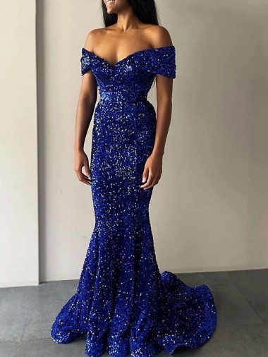Mermaid Off the Shoulder Velvet Sequins Sweep Train Royal Blue Velvet Sequin Prom Dress / Evening Dress Belfast