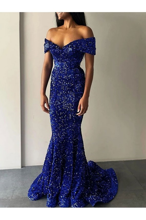 Mermaid Off the Shoulder Velvet Sequins Sweep Train Royal Blue Velvet Sequin Prom Dress / Evening Dress Belfast