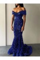 Mermaid Off the Shoulder Velvet Sequins Sweep Train Royal Blue Velvet Sequin Prom Dress / Evening Dress Belfast