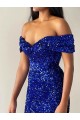 Mermaid Off the Shoulder Velvet Sequins Sweep Train Royal Blue Velvet Sequin Prom Dress / Evening Dress Belfast