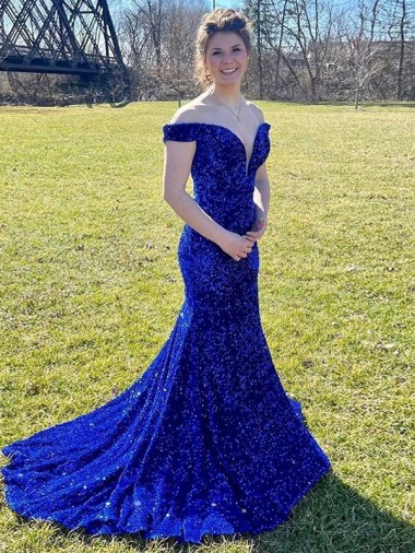 Sheath Off the Shoulder Velvet Sequins Sweep Train Royal Blue Velvet Sequin Prom Dress / Evening Dress Belfast