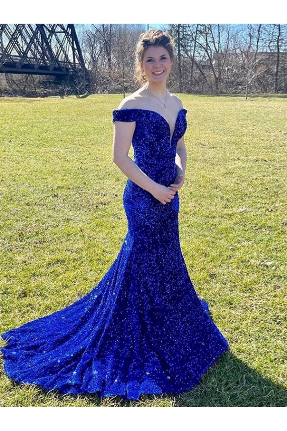 Sheath Off the Shoulder Velvet Sequins Sweep Train Royal Blue Velvet Sequin Prom Dress / Evening Dress Belfast