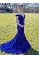 Sheath Off the Shoulder Velvet Sequins Sweep Train Royal Blue Velvet Sequin Prom Dress / Evening Dress Belfast