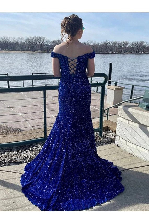Sheath Off the Shoulder Velvet Sequins Sweep Train Royal Blue Velvet Sequin Prom Dress / Evening Dress Belfast