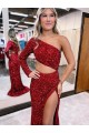 Mermaid One Shoulder Velvet Sequins Sweep Train Burgundy Velvet Sequin Evening Dress Belfast