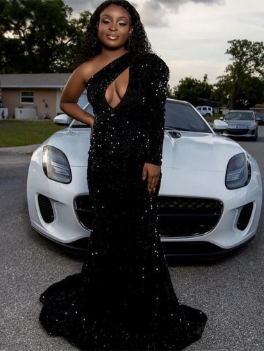 Sheath One Shoulder Velvet Sequins Sweep Train Black Velvet Sequin Prom Dress Belfast
