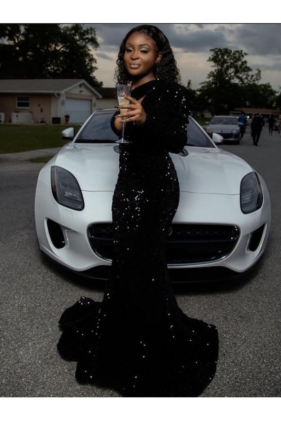 Sheath One Shoulder Velvet Sequins Sweep Train Black Velvet Sequin Prom Dress Belfast