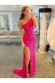 Sheath One Shoulder Velvet Sequins Sweep Train Fuchsia Velvet Sequin Evening Dress Belfast