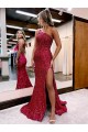Mermaid One Shoulder Velvet Sequins Sweep Train Burgundy Velvet Sequin Prom Dress / Evening Dress Belfast