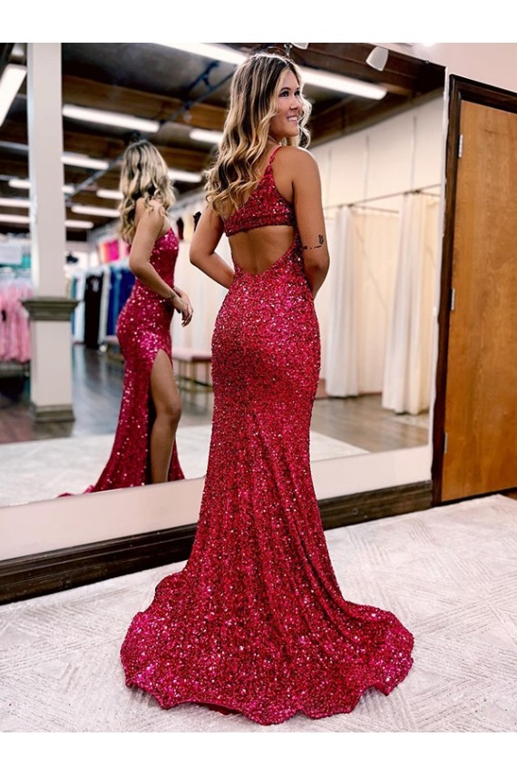 Mermaid One Shoulder Velvet Sequins Sweep Train Burgundy Velvet Sequin Prom Dress / Evening Dress Belfast