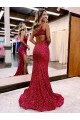 Mermaid One Shoulder Velvet Sequins Sweep Train Burgundy Velvet Sequin Prom Dress / Evening Dress Belfast