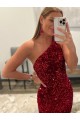 Sheath One Shoulder Velvet Sequins Sweep Train Pink Velvet Sequin Prom Dress / Evening Dress Belfast
