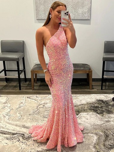 Sheath One Shoulder Velvet Sequins Sweep Train Pink Velvet Sequin Prom Dress / Evening Dress Belfast