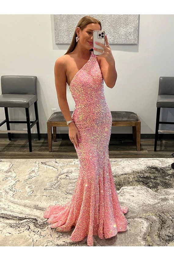 Sheath One Shoulder Velvet Sequins Sweep Train Pink Velvet Sequin Prom Dress / Evening Dress Belfast