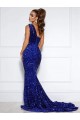 Mermaid One Shoulder Velvet Sequins Court Train Royal Blue Velvet Sequin Prom Dress / Evening Dress Belfast