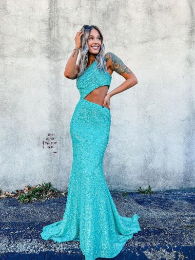 Mermaid One Shoulder Velvet Sequins Sweep Train Shown Color Velvet Sequin Prom Dress / Evening Dress Belfast