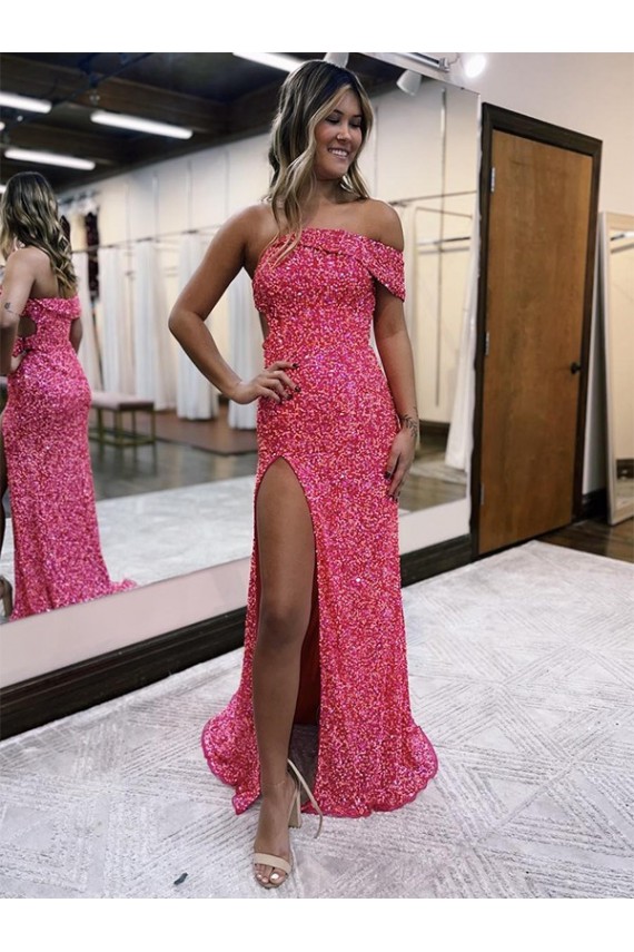 Sheath One Shoulder Velvet Sequins Sweep Train Fuchsia Velvet Sequin Prom Dress / Evening Dress Belfast