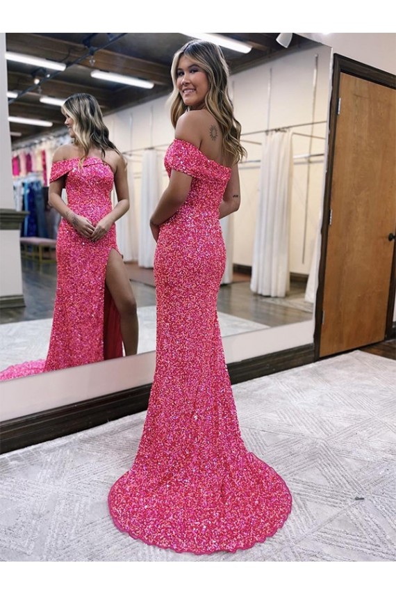 Sheath One Shoulder Velvet Sequins Sweep Train Fuchsia Velvet Sequin Prom Dress / Evening Dress Belfast