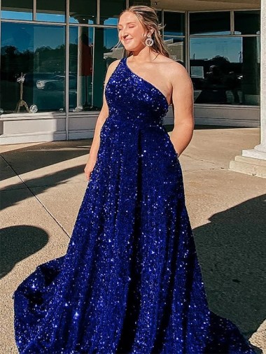 A-Line One Shoulder Velvet Sequins Sweep Train Royal Blue Velvet Sequin Prom Dress / Evening Dress Belfast