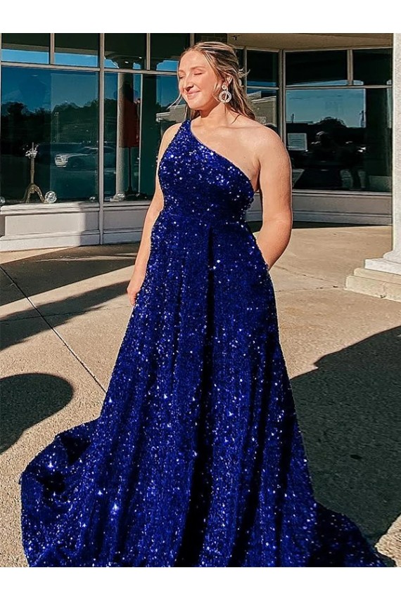 A-Line One Shoulder Velvet Sequins Sweep Train Royal Blue Velvet Sequin Prom Dress / Evening Dress Belfast