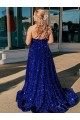 A-Line One Shoulder Velvet Sequins Sweep Train Royal Blue Velvet Sequin Prom Dress / Evening Dress Belfast
