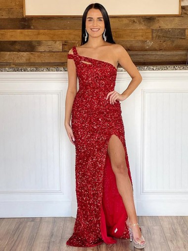 Sheath One Shoulder Velvet Sequins Sweep Train Burgundy Velvet Sequin Prom Dress / Evening Dress Belfast