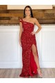 Sheath One Shoulder Velvet Sequins Sweep Train Burgundy Velvet Sequin Prom Dress / Evening Dress Belfast